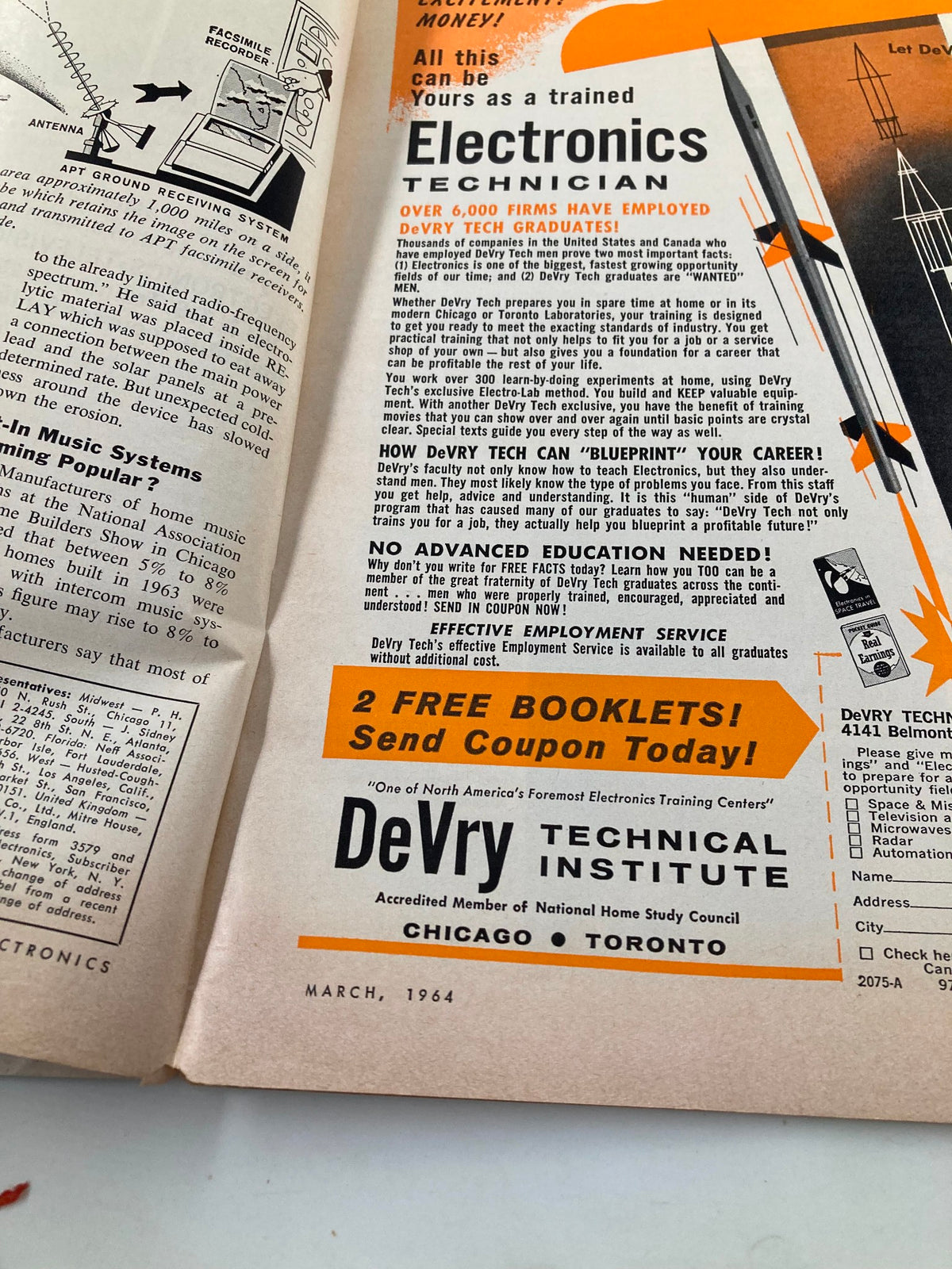 Inside page of the March 1964 Radio-Electronics Magazine with an advertisement for DeVry Technical Institute, promoting electronics technician training.