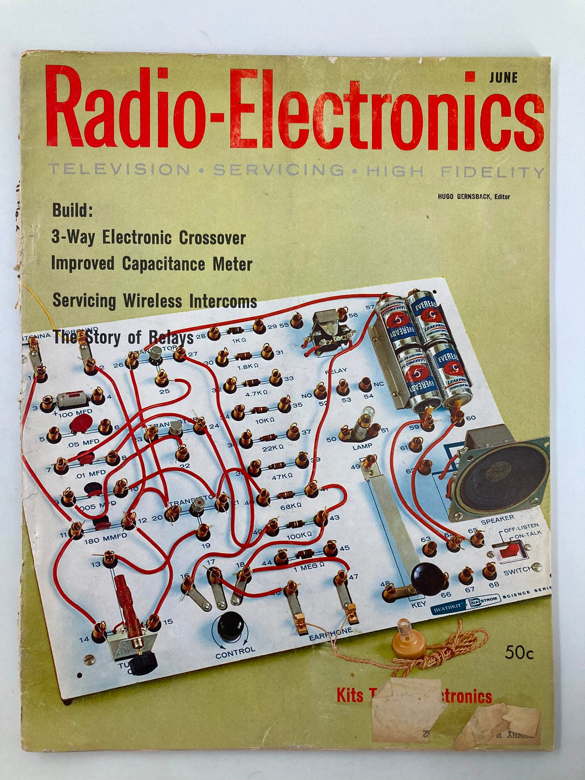 Cover of VTG Radio-Electronics Magazine June 1961 featuring a detailed layout of a 3-way electronic crossover circuit with various electronic components and text highlighting articles on building an electronic crossover, servicing devices, and the story of relays.
