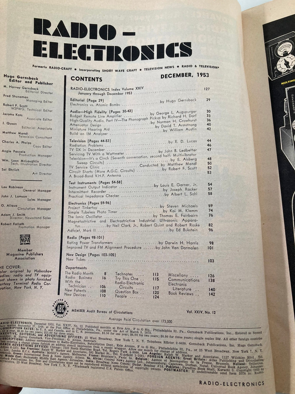 Inside page of VTG Radio-Electronics Magazine December 1953 displaying the table of contents with various radio and television topics, including Automatic Gain Control.