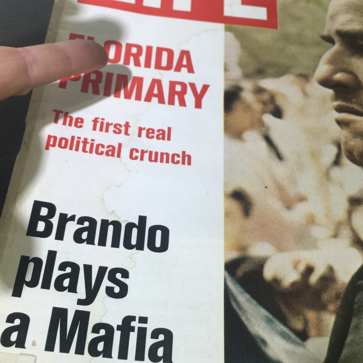 Cover of the VTG Life Magazine March 10 1972 featuring the title 'Florida Primary' and a mention of Marlon Brando's role in 'The Godfather.' The cover highlights significant political and cultural themes of the early 1970s.