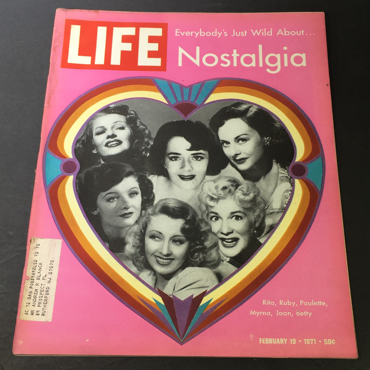 Cover of VTG Life Magazine from February 19, 1971 featuring iconic movie queens nostalgia and Alan Shepard, showcasing colorful graphic design and images of famous actresses.