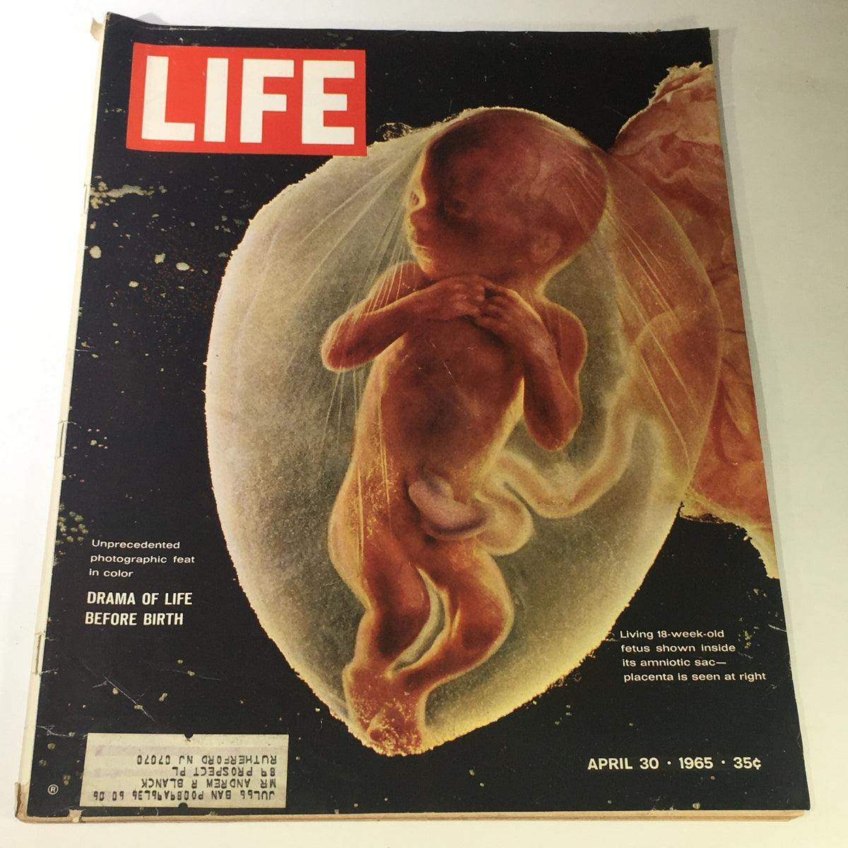 Vintage Life Magazine April 30, 1965 cover featuring an 18-week-old fetus, highlighting the drama of life before birth.