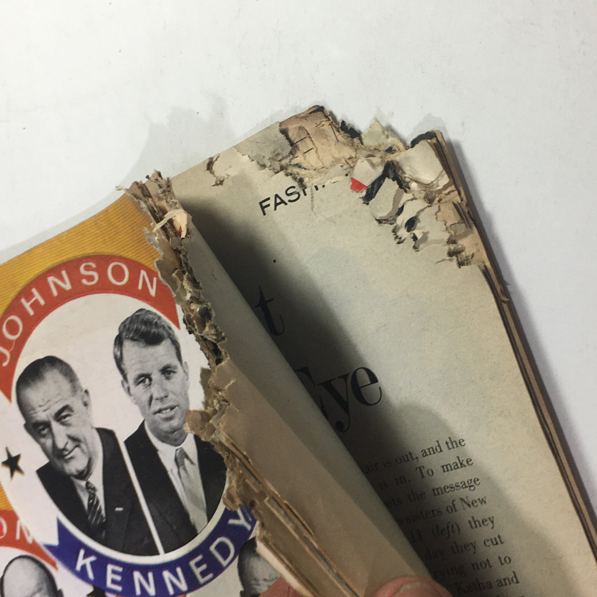 Interior view of the VTG Life Magazine May 8 1964 displaying additional wear and tear around the pages featuring Lyndon B. Johnson and Robert Kennedy.