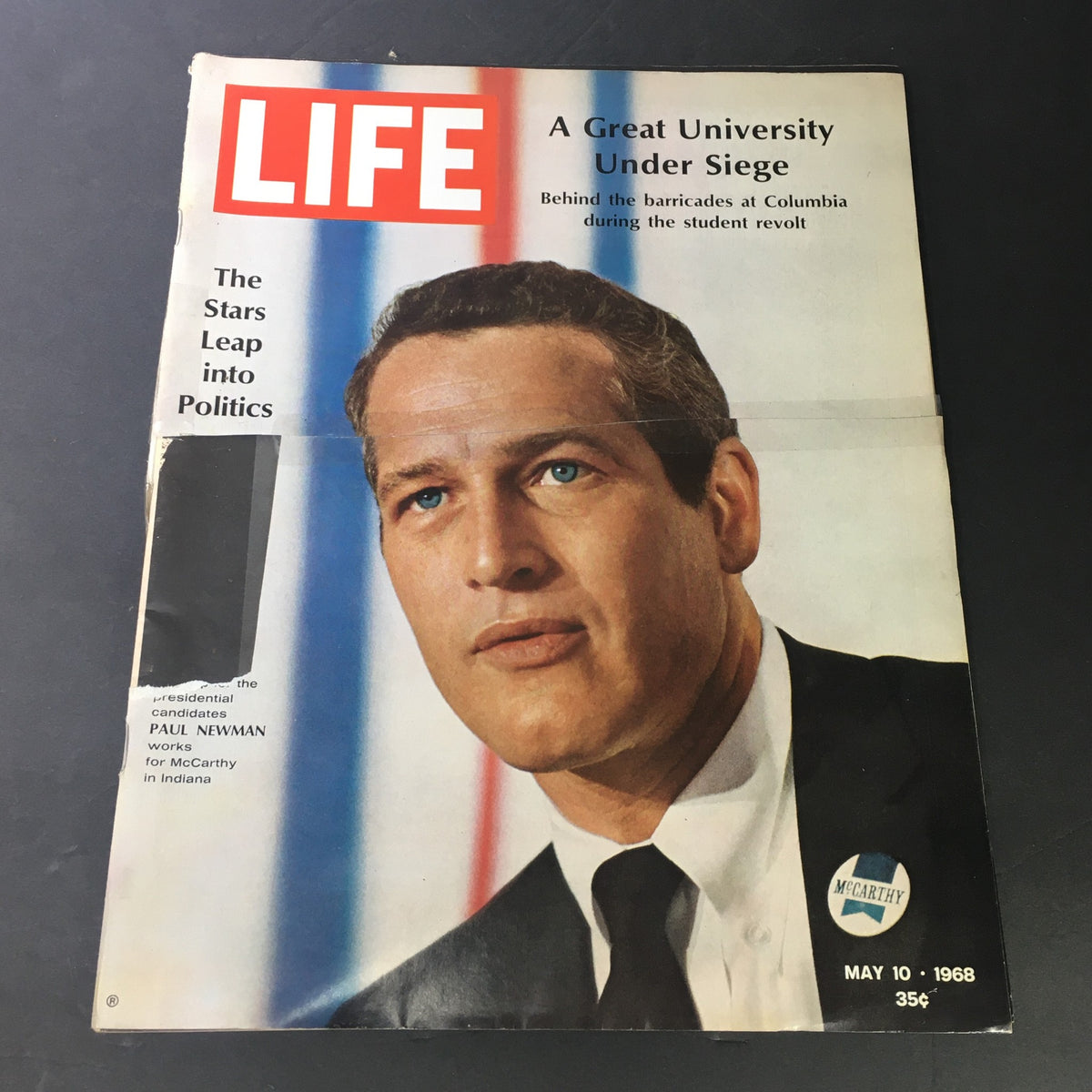 Vintage Life Magazine cover from May 10, 1968, featuring Paul Newman, emphasizing his involvement in politics and support for Joseph McCarthy.