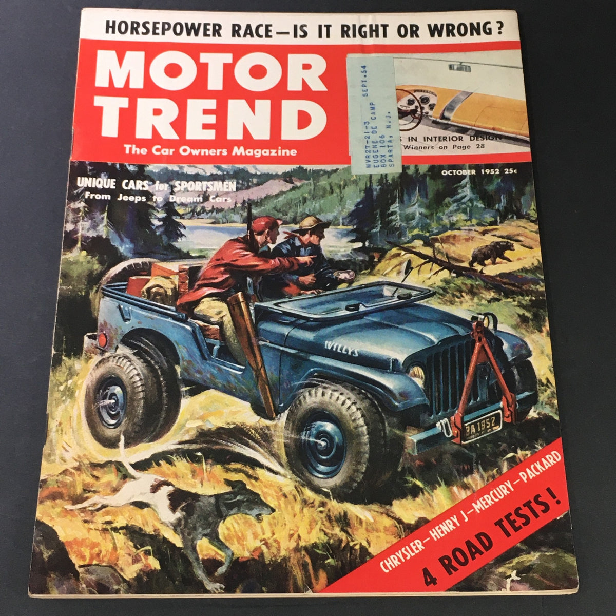 Vintage Motor Trend Magazine cover from October 1952 featuring 'Unique Cars for Sportsmen' theme, showcasing a Willys vehicle with hunters in a natural landscape, promoting four road tests.