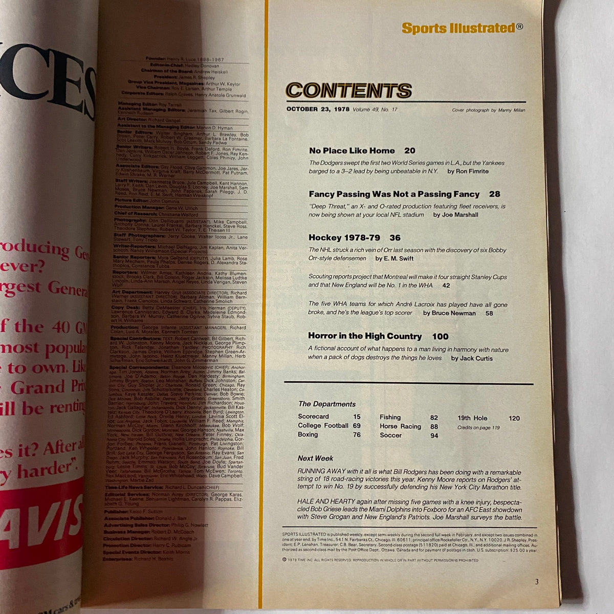 Contents page of Sports Illustrated Magazine from October 23, 1978 featuring articles on the World Series, hockey, and more.