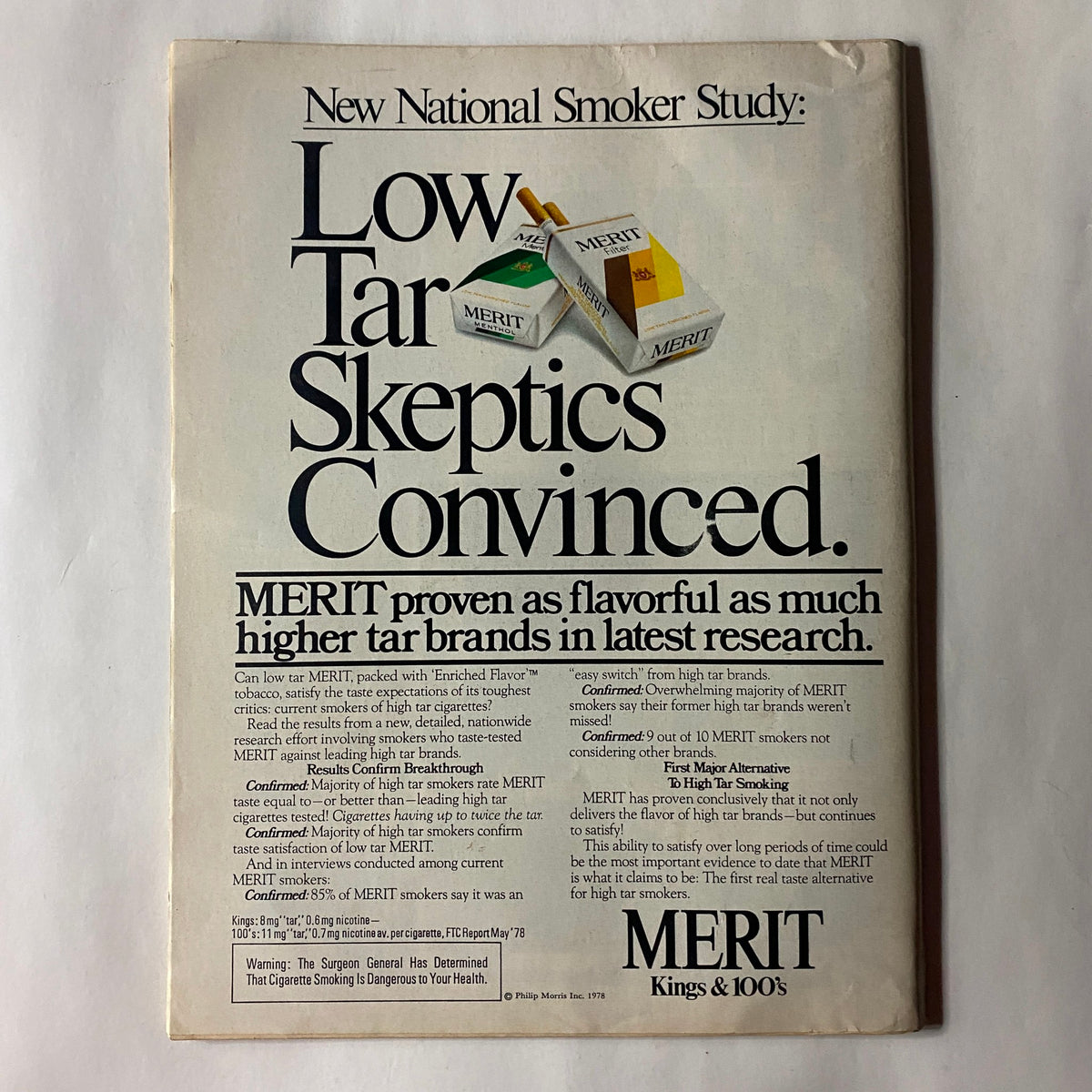 Advertisement for Merit cigarettes in Sports Illustrated Magazine from October 23, 1978, highlighting low tar and flavor comparisons.