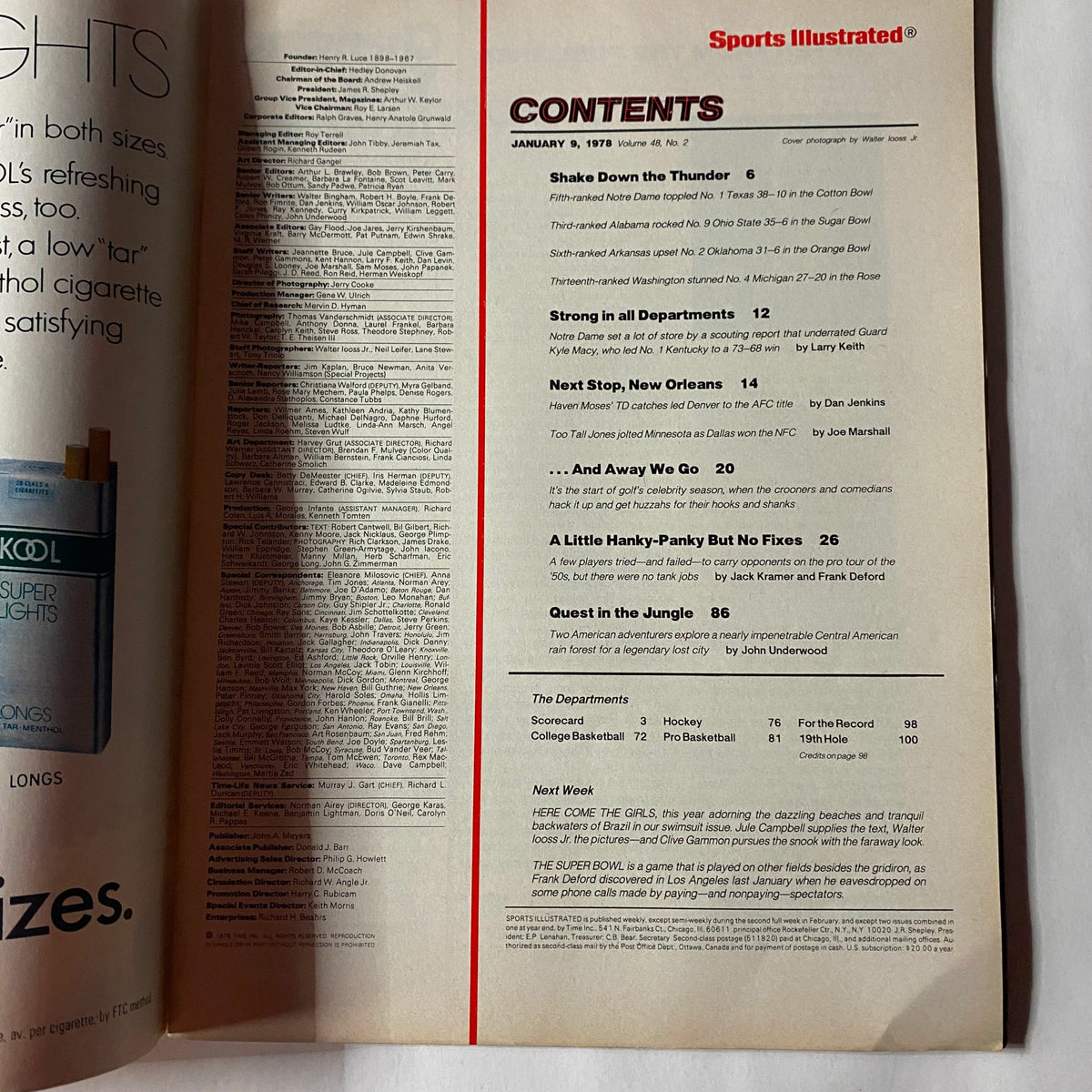 Contents page of VTG Sports Illustrated Magazine January 9 1978, displaying various article titles and highlights from the issue.