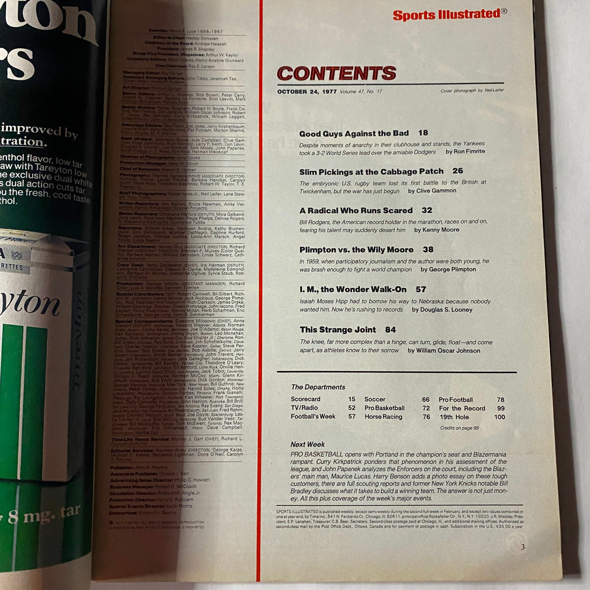 Contents page of the Sports Illustrated magazine from October 24, 1977. This page lists articles including 'Good Guys Against the Bad' and 'I, M. the Wonder Walk-On', relevant to sports history and journalism.
