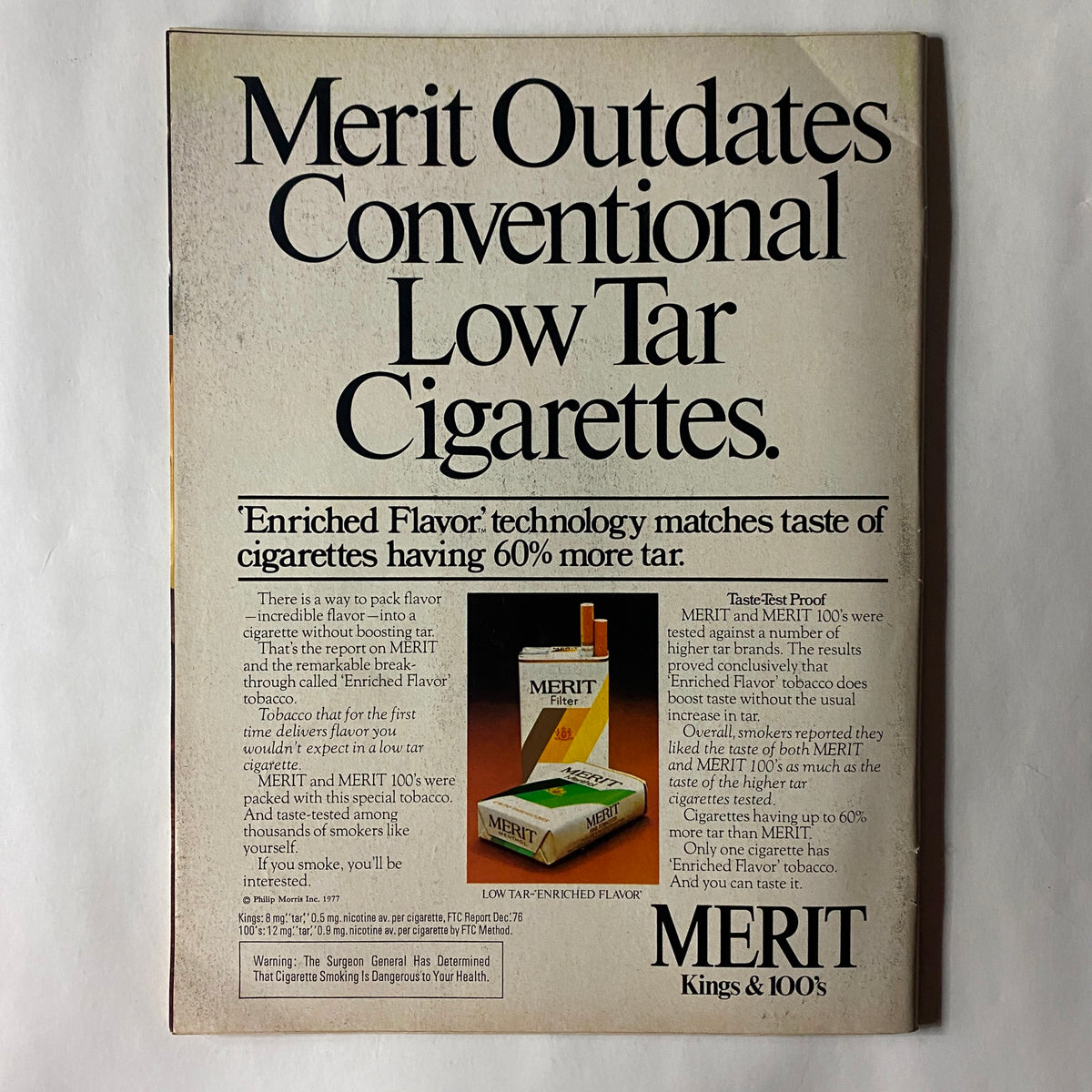 Back cover advertisement for Merit cigarettes from the October 24, 1977 issue of Sports Illustrated. The ad highlights 'Enriched Flavor' technology for low tar cigarettes.