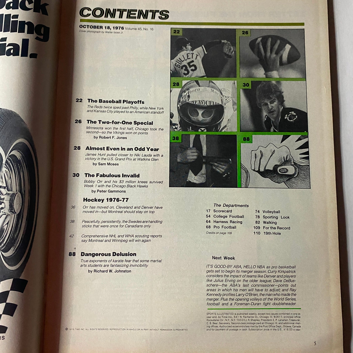 Contents page of Sports Illustrated Magazine from October 18, 1976, showcasing featured articles including sports highlights and topics relevant to that period.