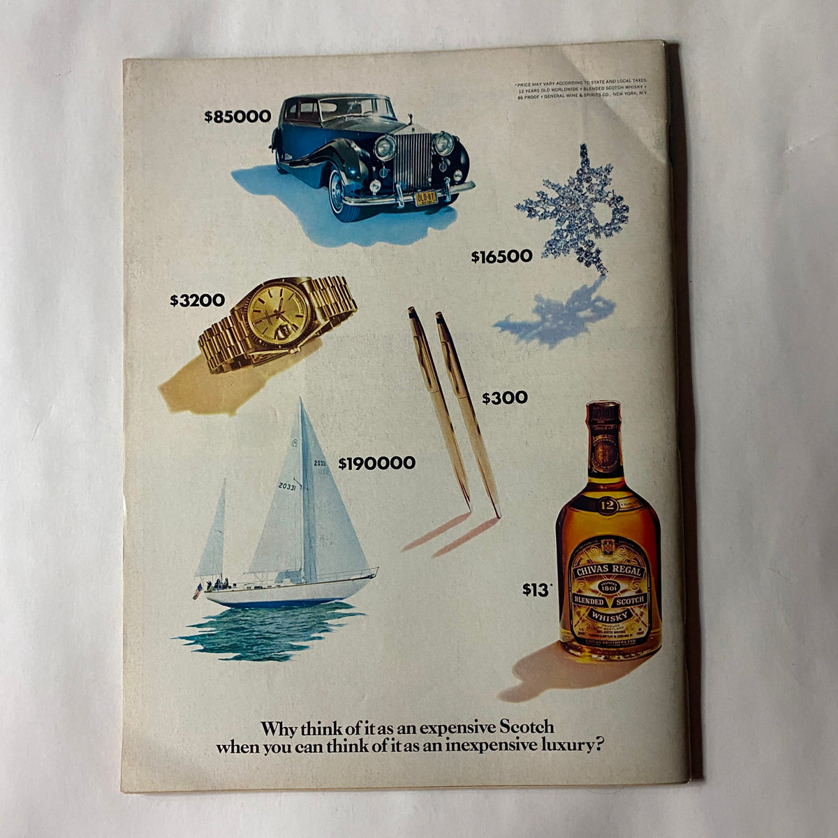 Back cover of the Sports Illustrated Magazine from October 18, 1976, displaying luxury items like a vintage car, jewelry, and a bottle of Scotch, emphasizing the lavish lifestyle of the era.