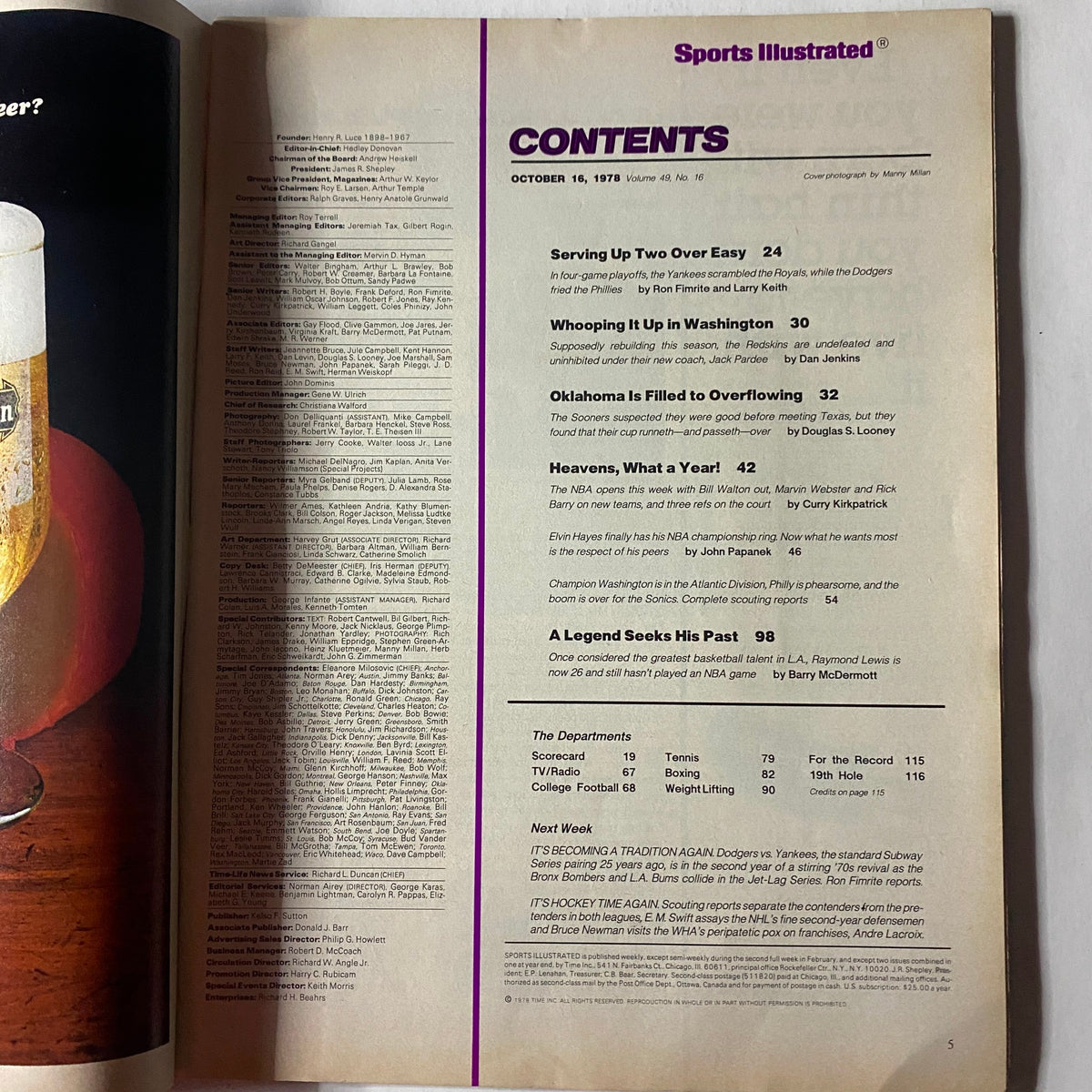 Contents page of the October 16, 1978 Sports Illustrated Magazine, listing articles and features including coverage of Marvin Webster and significant sports events of the era.