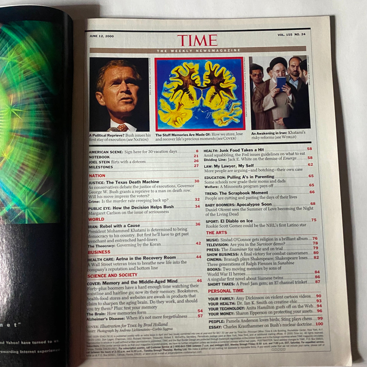 Inside page of Time Magazine from June 12, 2000, showcasing an article index including contributions related to memory enhancement, with a feature on political figures and their impact.
