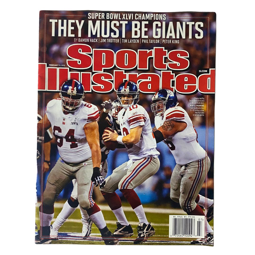 Sports Illustrated Magazine February 13 2012 featuring NFL superstars. Cover highlights Super Bowl XLVI champions New York Giants, with players David Baas and David Diehl in action.