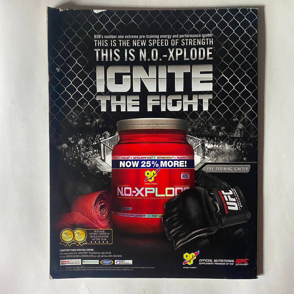 Back cover of Fight! Magazine March 2009 showcasing an advertisement for N.O.-Xplode, an energy and performance supplement, associated with UFC and fitness.