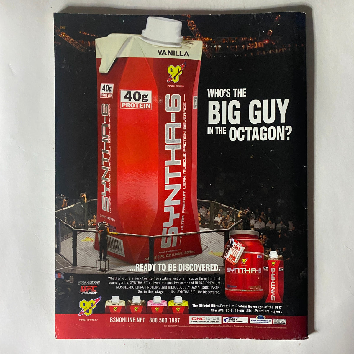 Fight! Magazine August 2009 issue featuring Nate Marquardt on the cover, showcasing a promotional advertisement for Syntha-6 protein supplement with a striking visual design, highlighting fitness and nutrition in the MMA community.