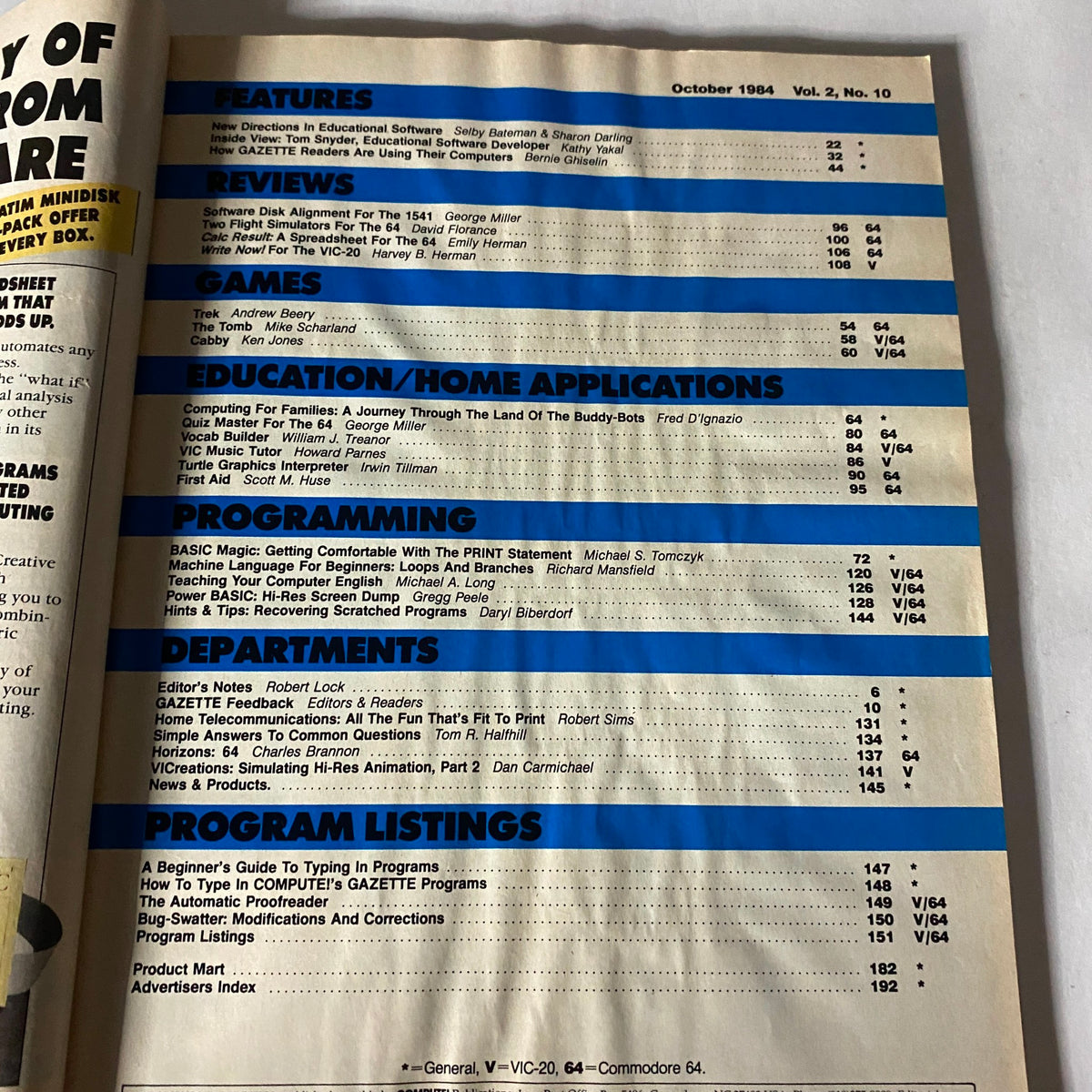 Interior page of the VTG Compute Gazette Magazine from October 1984, featuring the table of contents with sections on features, reviews, games, programming, and more. This page illustrates the valuable insights from the early years of personal computing.