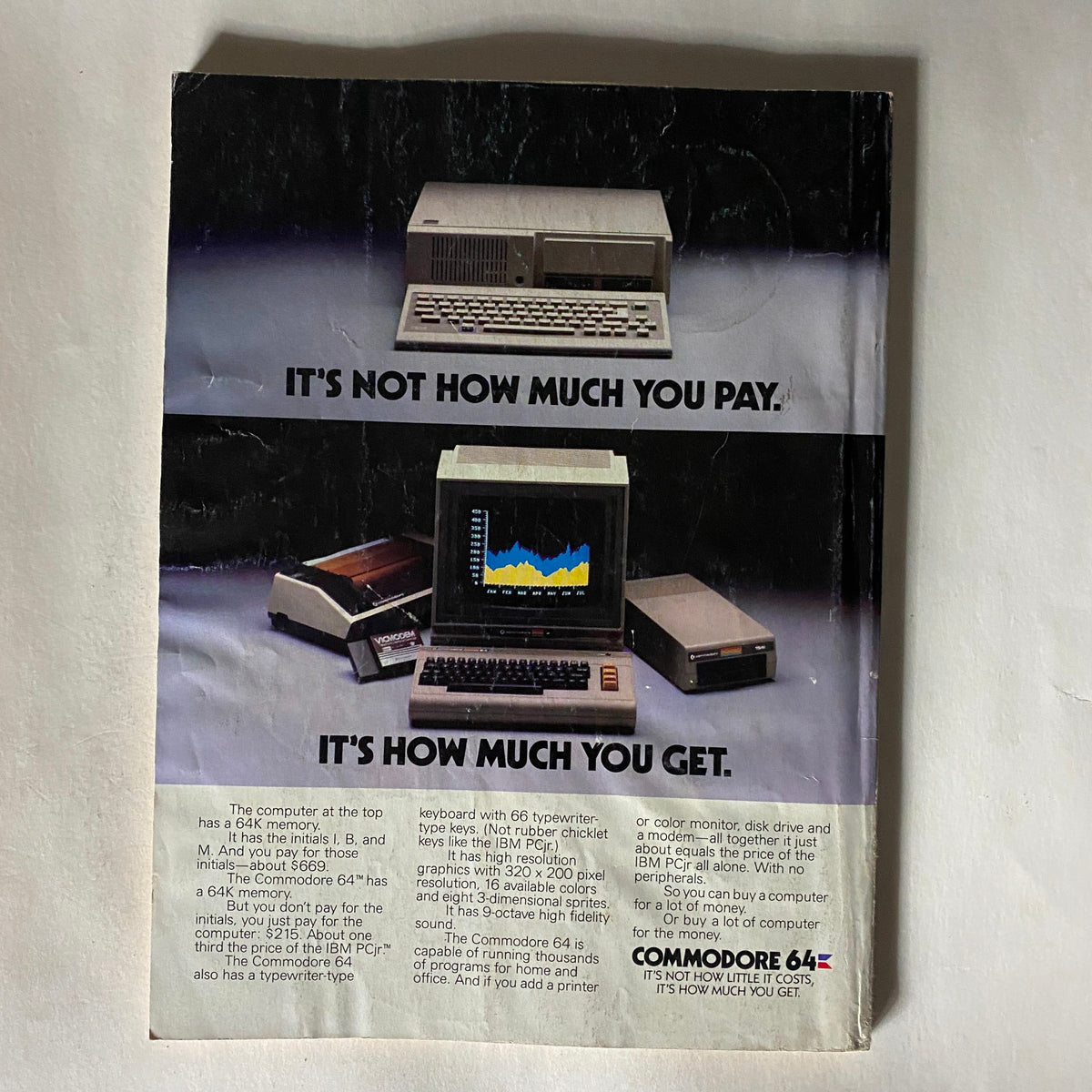 Back cover of the VTG Compute Gazette Magazine from October 1984, showcasing a colorful advertisement for the Commodore 64 computer. The ad highlights key features and pricing, serving as a nostalgic glimpse into the computing technology of that era.