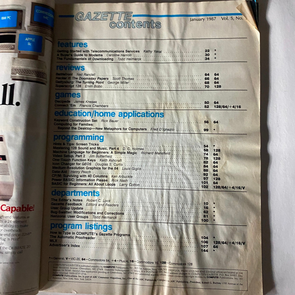 Contents page of Compute's Gazette Magazine January 1987, featuring articles on telecommunications, downloading fundamentals, programming, and more.