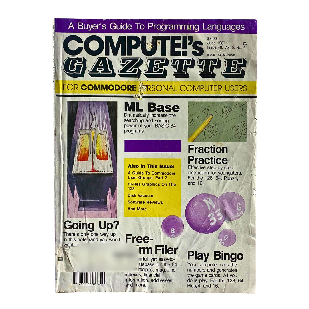 Cover of Compute's Gazette Magazine June 1987 for Commodore personal computer users, featuring articles on ML Base, Fraction Practice, and software reviews.