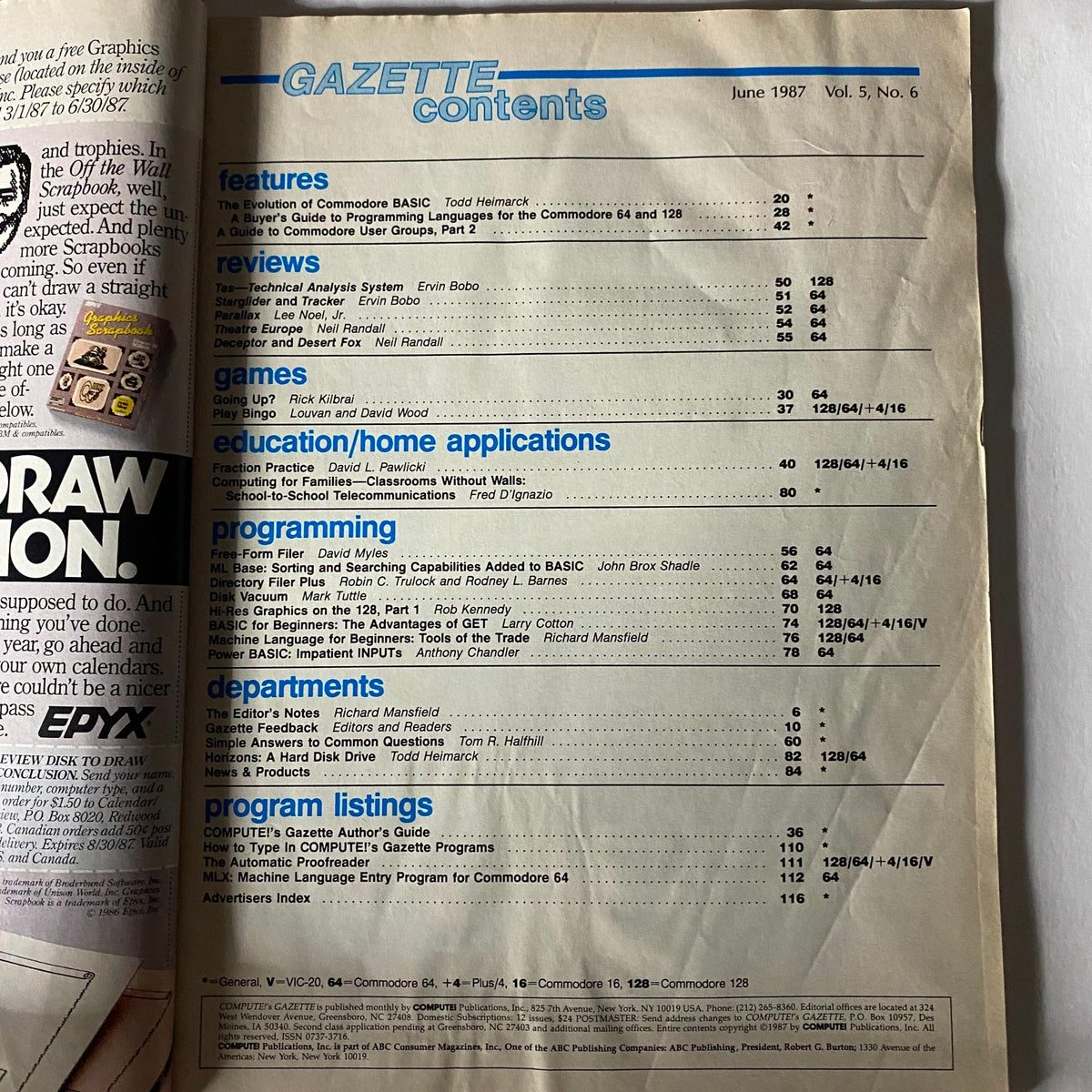 Table of contents from Compute's Gazette Magazine June 1987, detailing features, games, programming sections, and more related to Commodore personal computers.