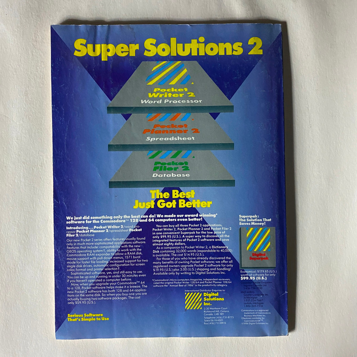 Back cover of Compute's Gazette Magazine June 1987 promoting Super Solutions 2 software for Commodore 64 and 128, highlighting features of various applications.