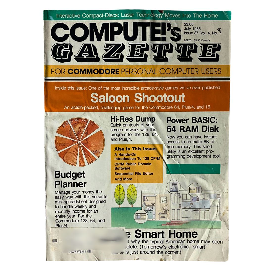 Compute's Gazette Magazine cover from July 1986 featuring articles on Power Basic 64 Ram Disk and vintage computing topics.