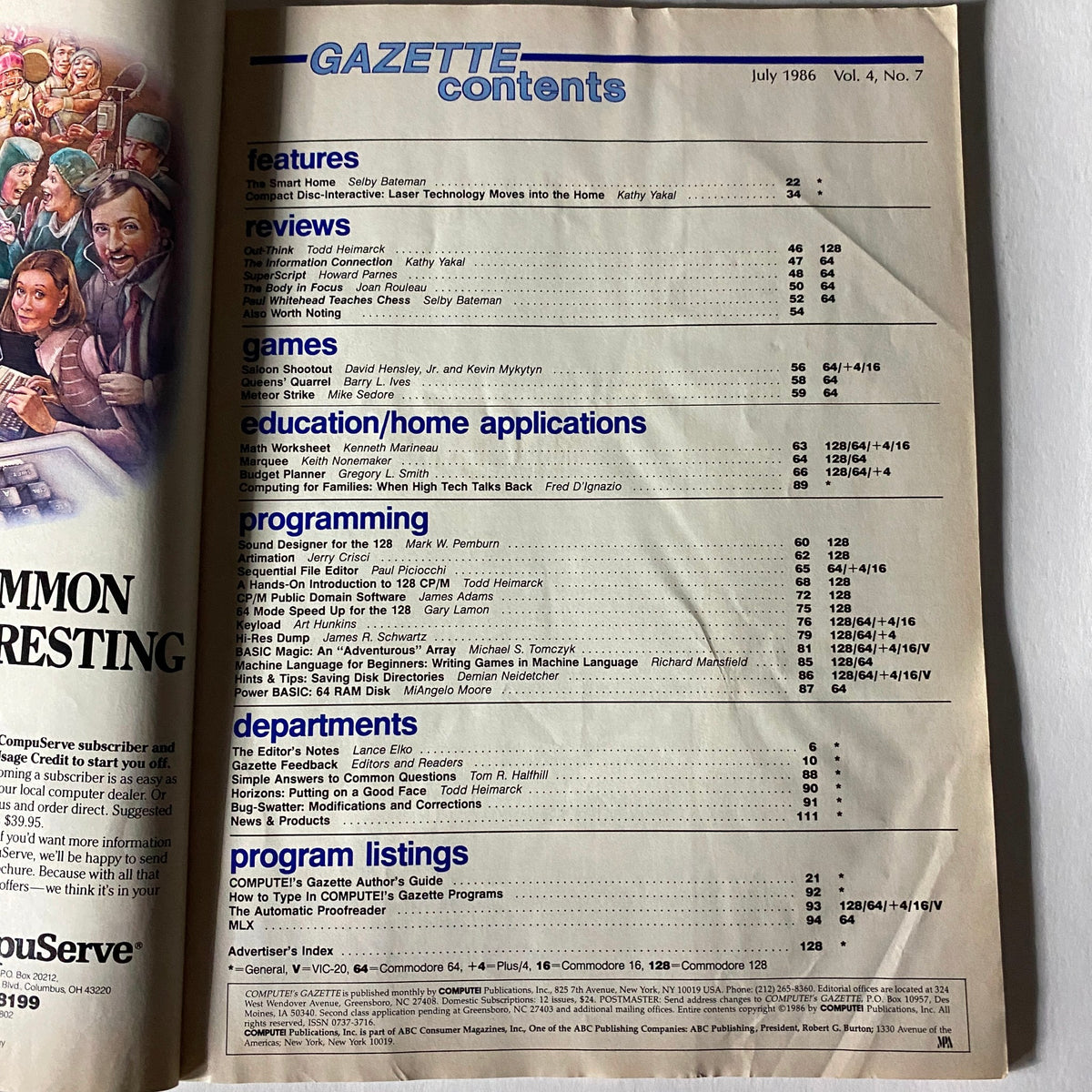 Inside contents page of Compute's Gazette Magazine July 1986 listing articles on programming and gaming for Commodore users.