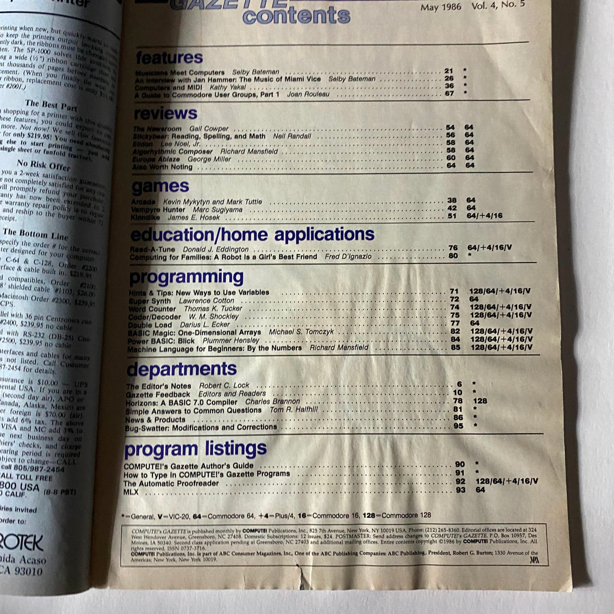 Table of contents from Compute's Gazette Magazine May 1986, detailing featured articles such as programming tips and reviews along with educational content for Commodore users.
