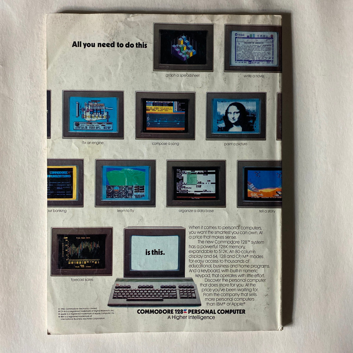 Back cover of Compute's Gazette Magazine December 1985 showcasing the capabilities of the Commodore 128 personal computer.