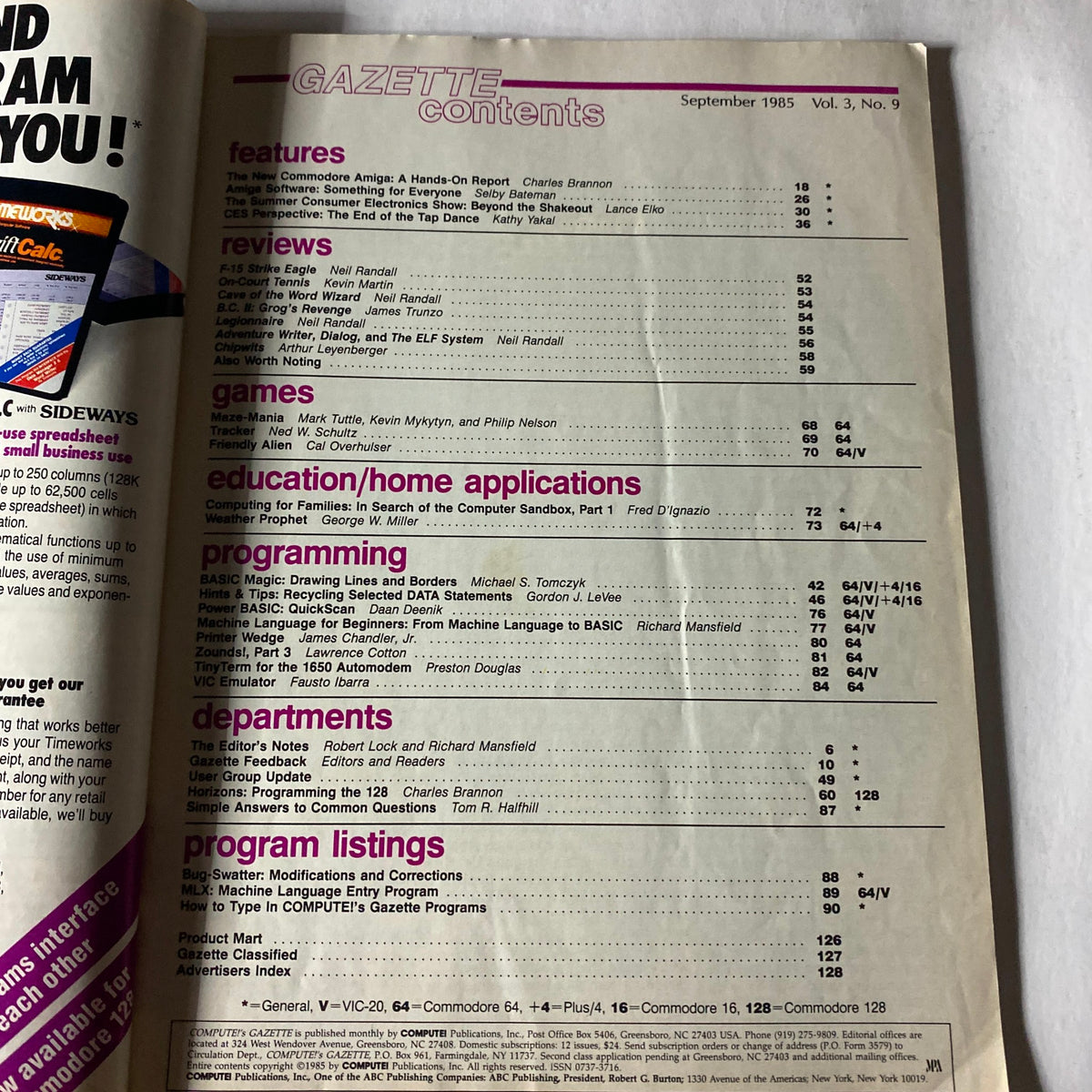 Contents page of Compute's Gazette Magazine September 1985 listing articles on features, games, education, programming, and more.