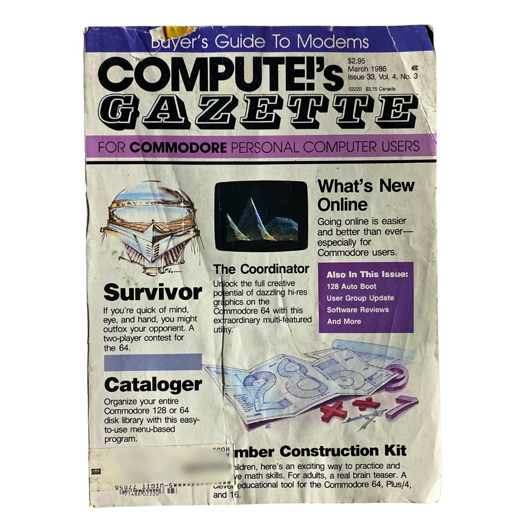 Front cover of VTG Compute's Gazette Magazine from March 1986 featuring the title, authors, and intriguing articles like '128 Auto Boot' and 'The Coordinator.' The design includes visuals related to early computing and programming, encapsulating the essence of retro technology.