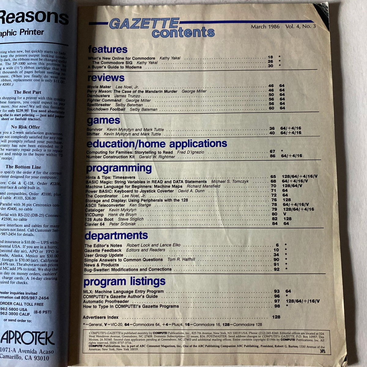 Contents page of VTG Compute's Gazette Magazine March 1986, displaying articles on features, reviews, games, programming, education applications, and departments relevant to early computing.