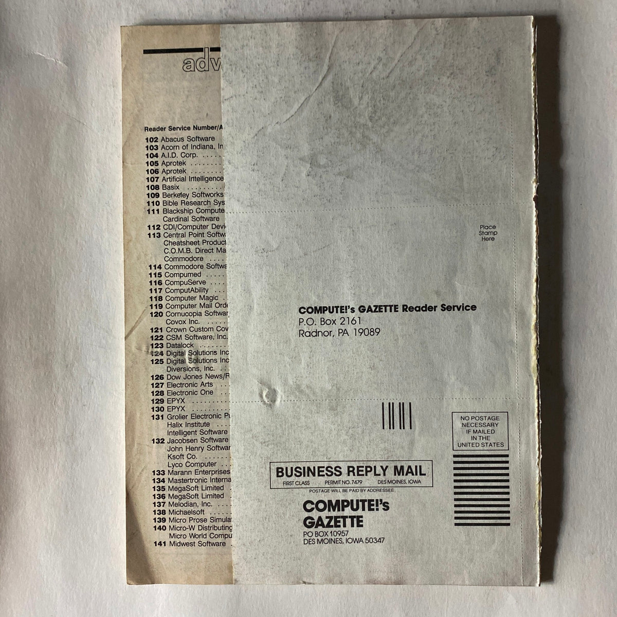 Back cover of VTG Compute's Gazette Magazine March 1986, featuring reader service information and various software advertising listings.