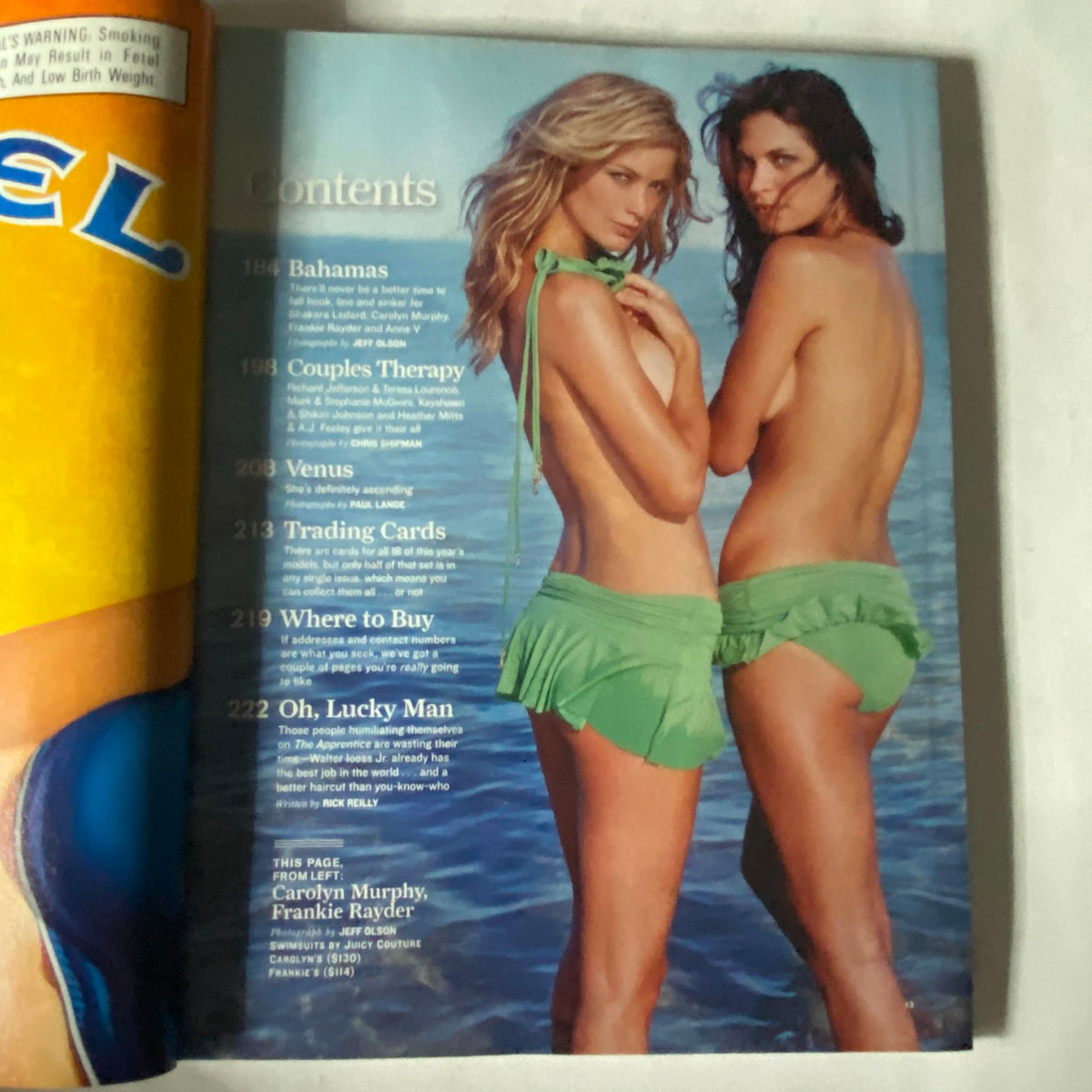 Contents page of Sports Illustrated Winter 2005 Carolyn Murphy Swimsuit Issue showcasing Carolyn Murphy and Frankie Rayder in green swimwear by the water, highlighting the magazine's articles and features.