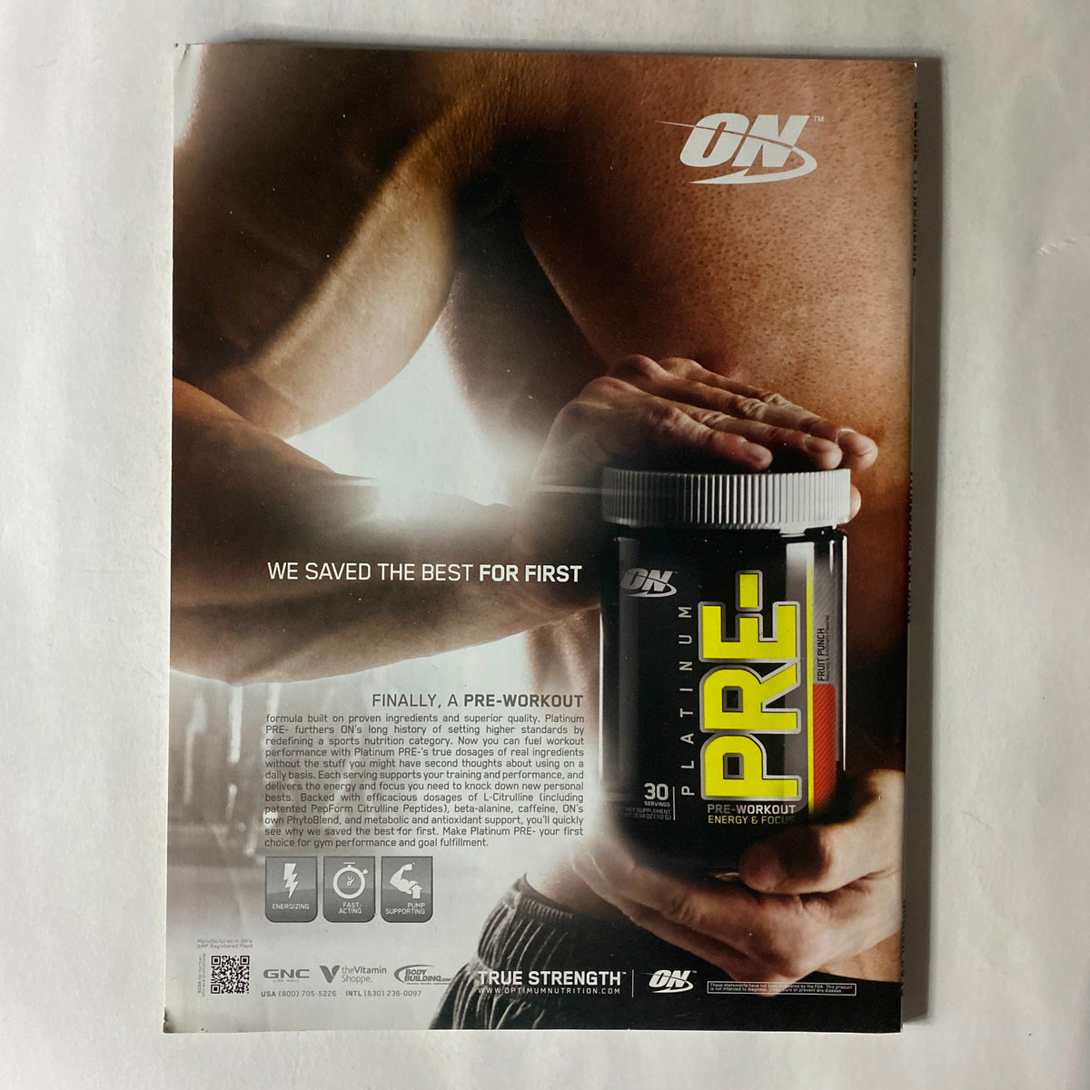 Back cover of a fitness advertisement showcasing ON Platinum Pre-Workout supplement, highlighting its features and benefits.
