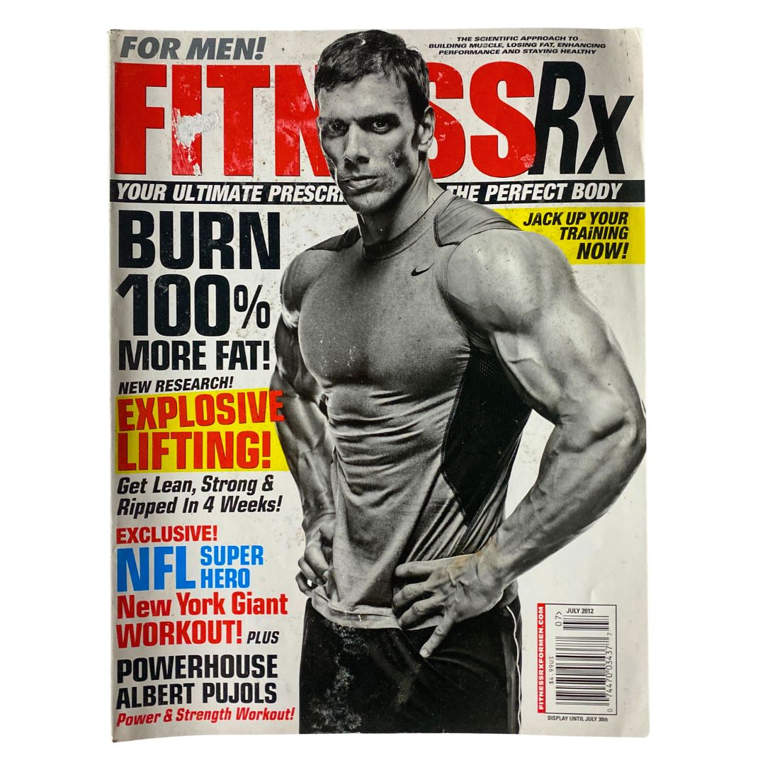 Cover of Fitness RX Magazine July 2012 featuring a muscular male model demonstrating fitness, with a focus on NFL Super Heroes and a New York Giant Workout.
