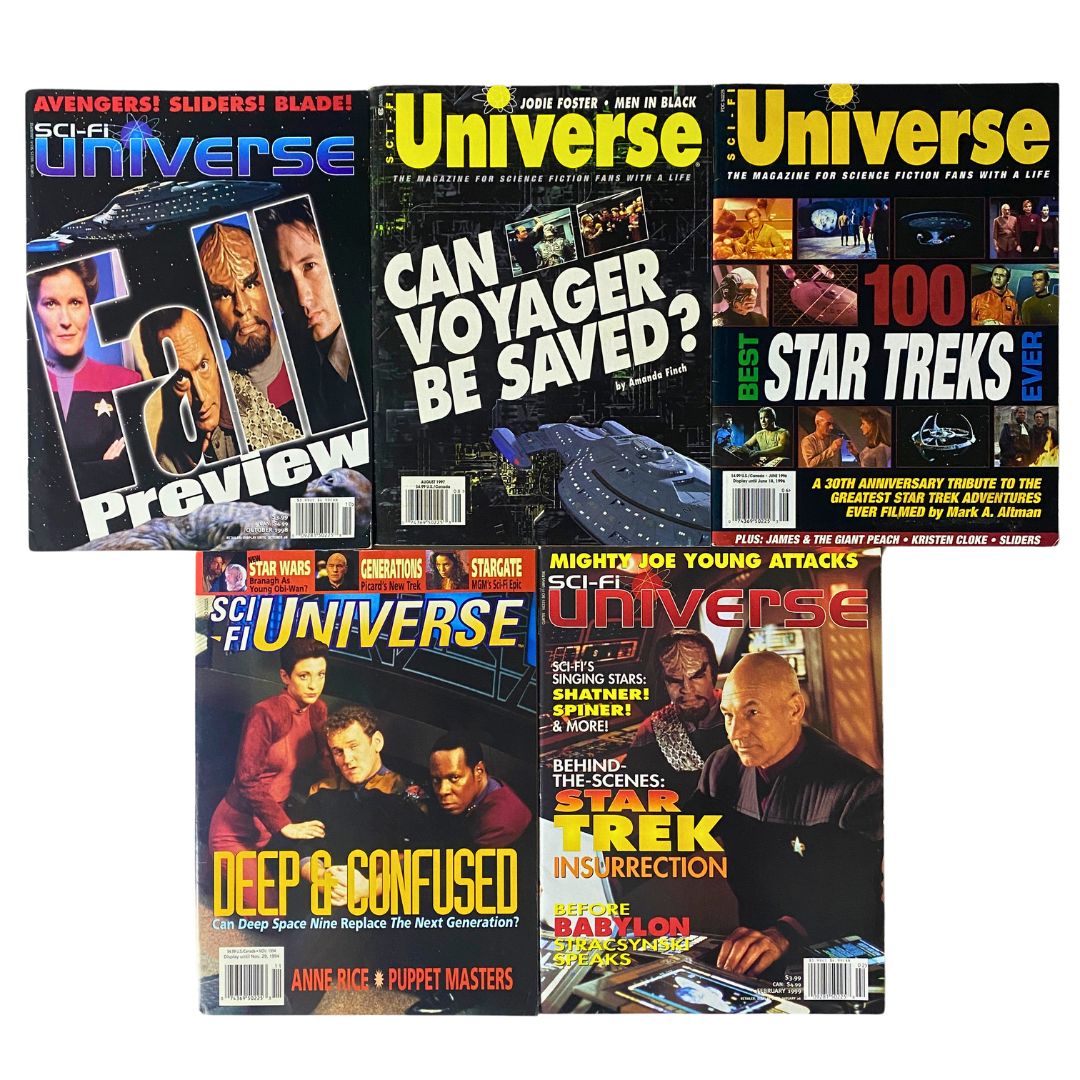 Lot of 5 Sci-Fi Universe Magazine issues from 1996 to 1999 featuring covers with Jodie Foster, Patrick Stewart, and highlights from the sci-fi genre including interviews and articles about iconic films.