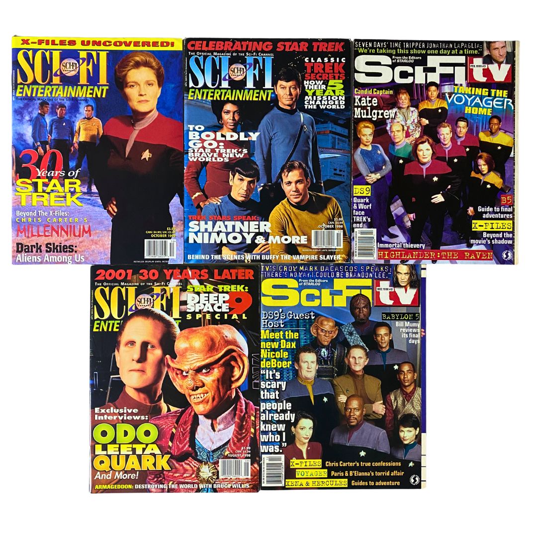 Lot of 5 Sci-Fi Entertainment Magazine 1996-1999 featuring covers highlighting Star Trek characters and themes, including interviews and articles about iconic sci-fi series.