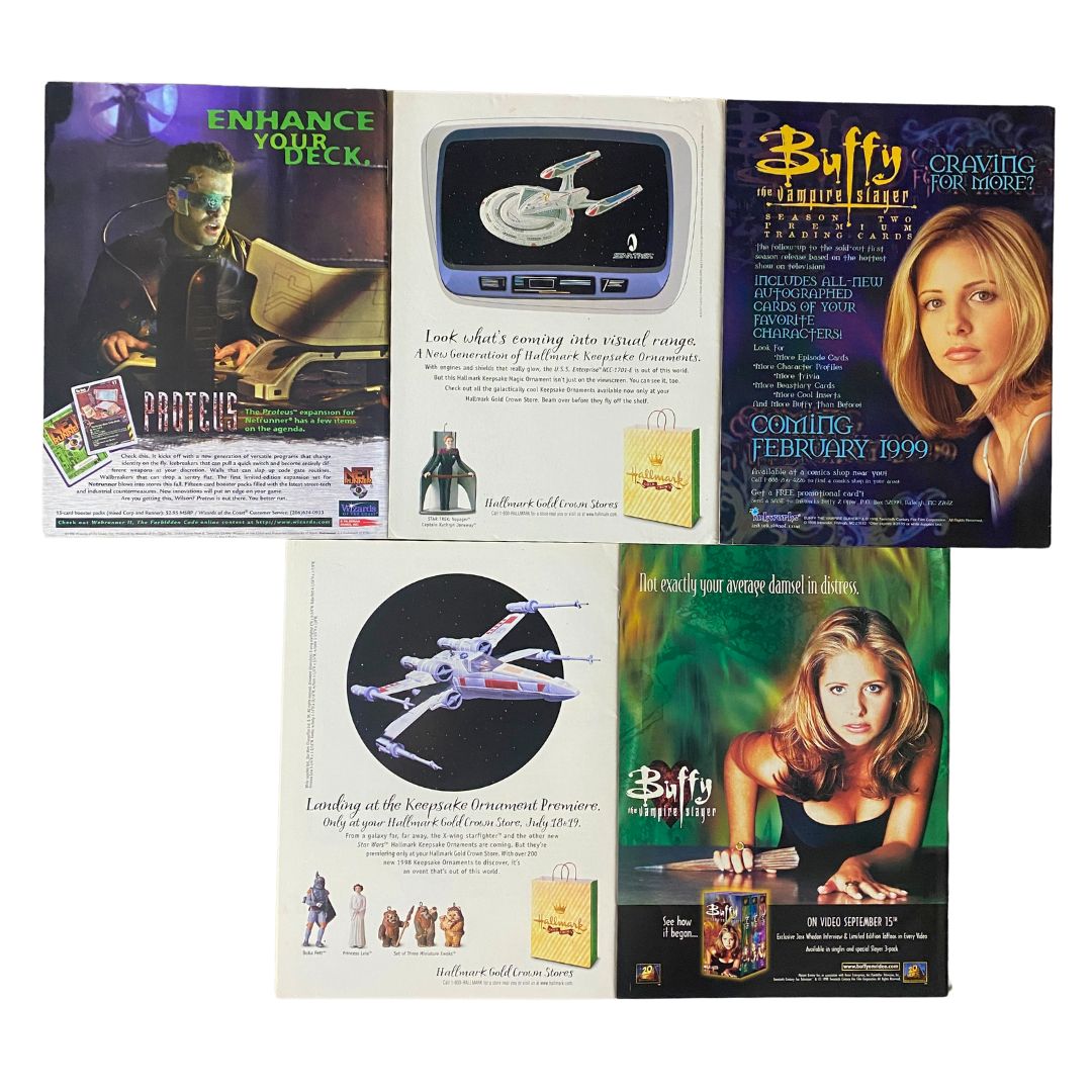 Lot of 5 Sci-Fi Entertainment Magazine 1996-1999 showcasing advertisements and announcements for popular sci-fi and fantasy shows, including Buffy the Vampire Slayer and Star Trek.