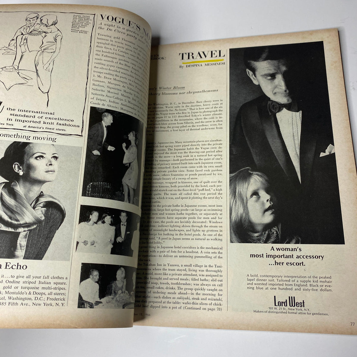 Interior page of Vogue Magazine October 15, 1966 illustrating a travel article with a sophisticated monochrome photograph, reflecting the magazine's focus on elegance and style.