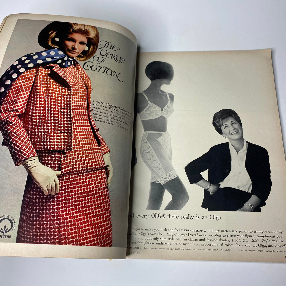 Interior spread of Vogue Magazine April 1, 1966, showcasing fashion advertisements and models, featuring 'The Jury of Cotton' with stylish outfits.