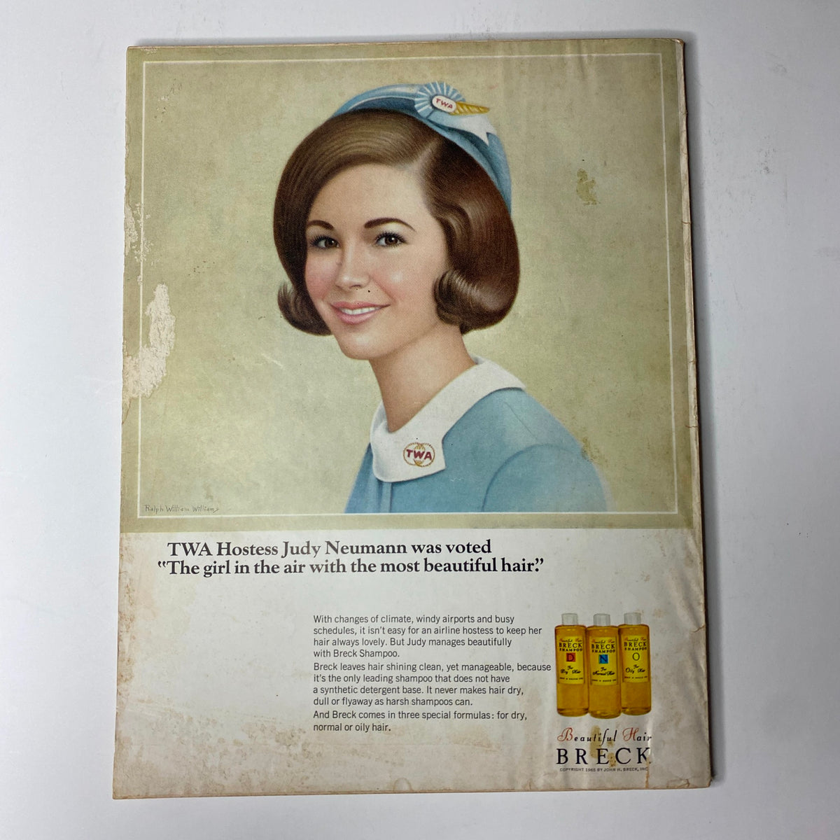 Back cover of Vogue Magazine January 15, 1966 featuring a vintage advertisement for Breck hair products with a portrait of TWA Hostess Judy Neumann.