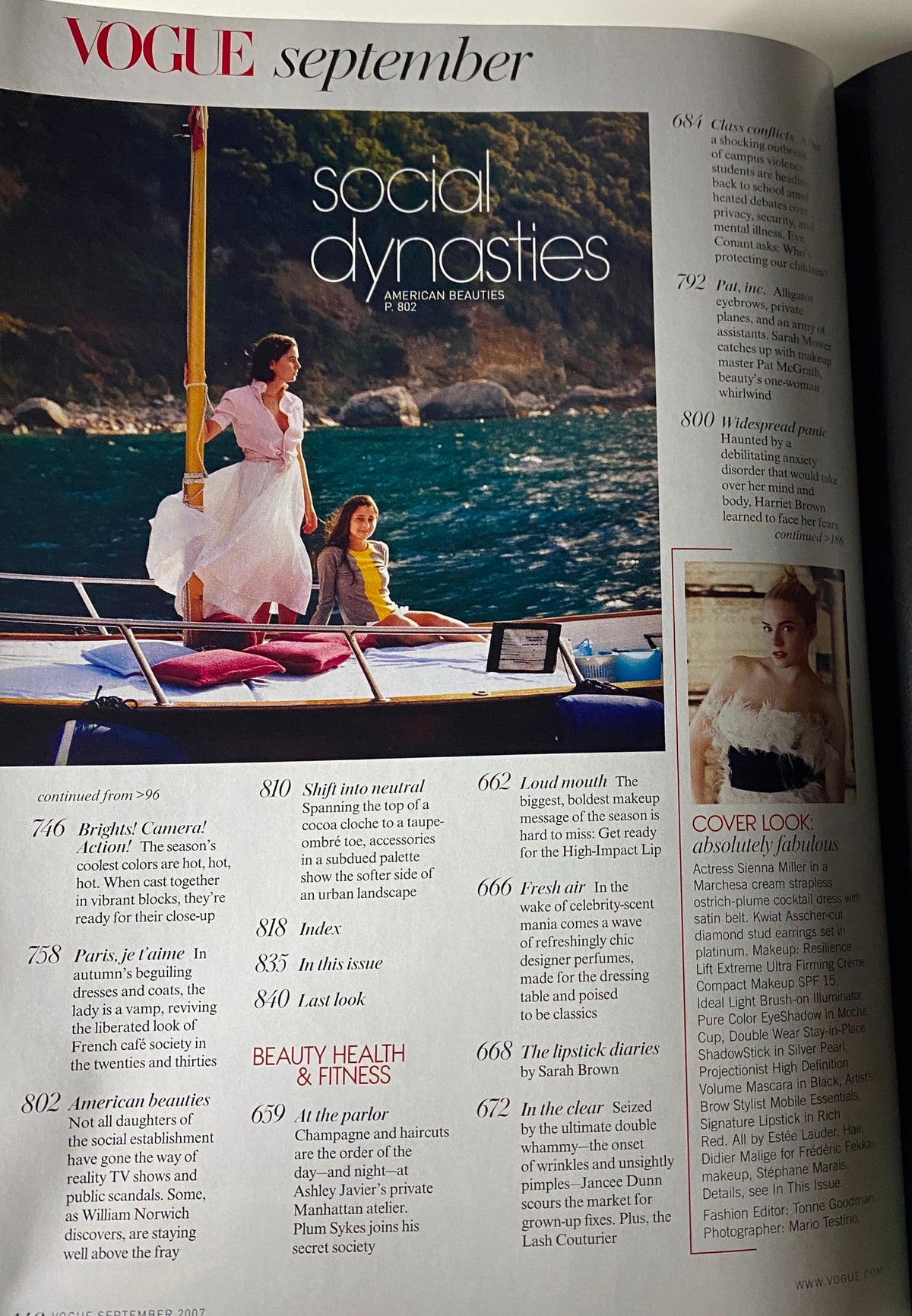 Vogue Magazine September 2007 featuring a fashion spread titled 'Social Dynasties' with a model in stylish attire on a boat, showcasing fall fashion trends.