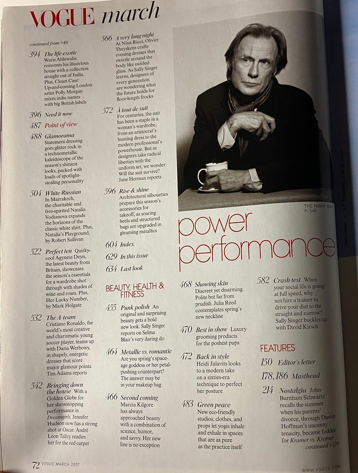 Interior page from Vogue Magazine March 2007, displaying the table of contents with features such as 'power performance' and 'beauty, health & fitness'.