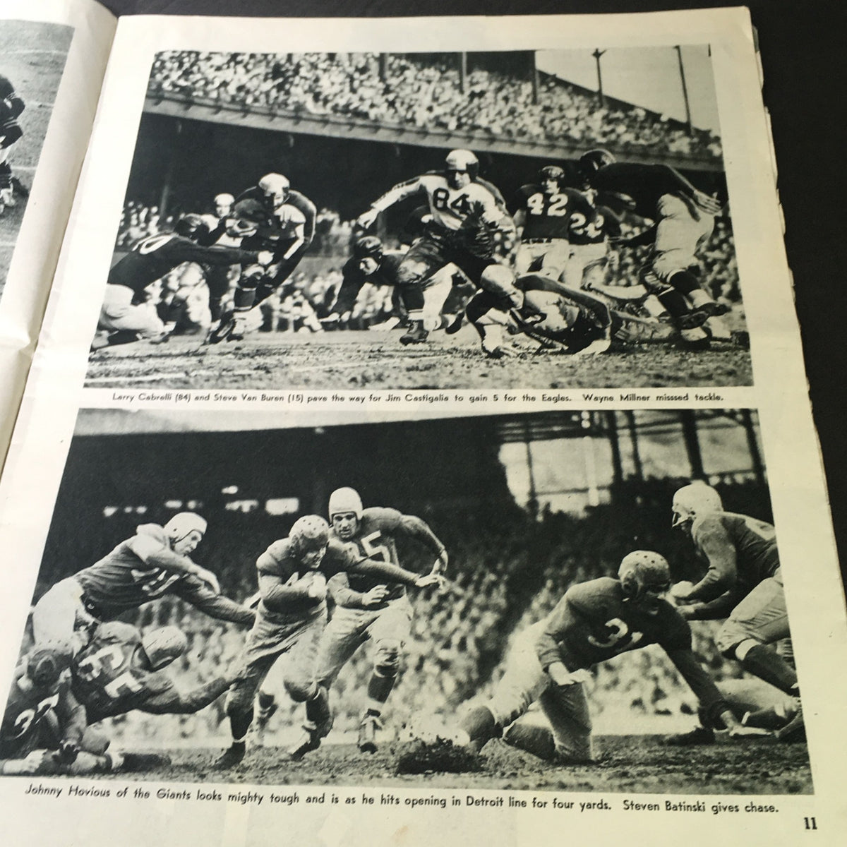 Inside page of the Vintage Pro Football Illustrated Magazine 1946 displaying black and white photographs of football players in action during a game.