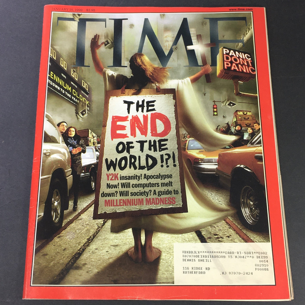 Vintage Time Magazine cover from January 18, 1999, titled 'The End Of The World: Millennium Madness,' illustrating cultural anxieties and predictions about Y2K with a dramatic image depicting a chaotic urban scene.