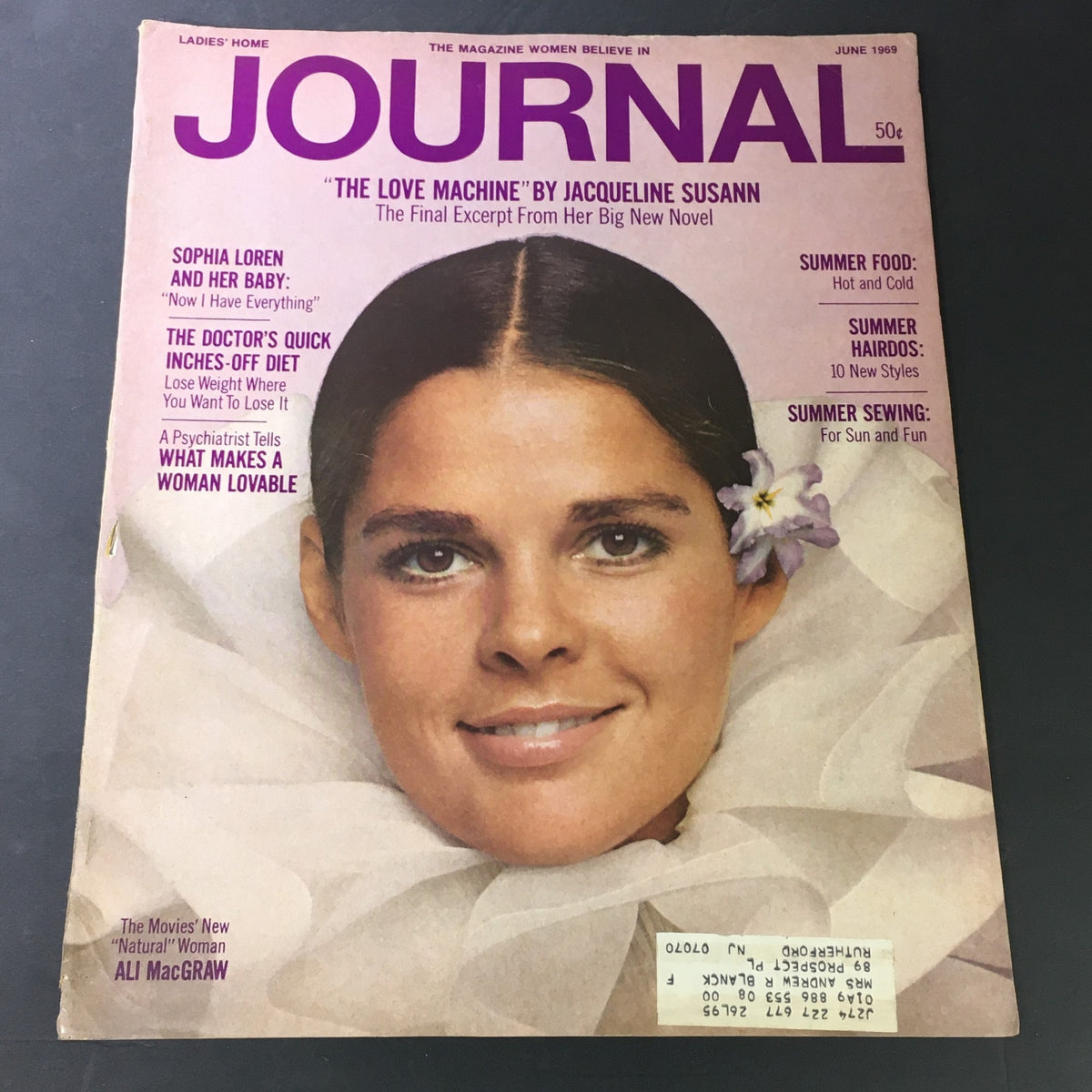 Cover of VTG Journal Women's Magazine June 1969 featuring Ali MacGraw, with the headline 'Sophia Loren and Her Baby' and various articles on summer trends, food, and women's issues.