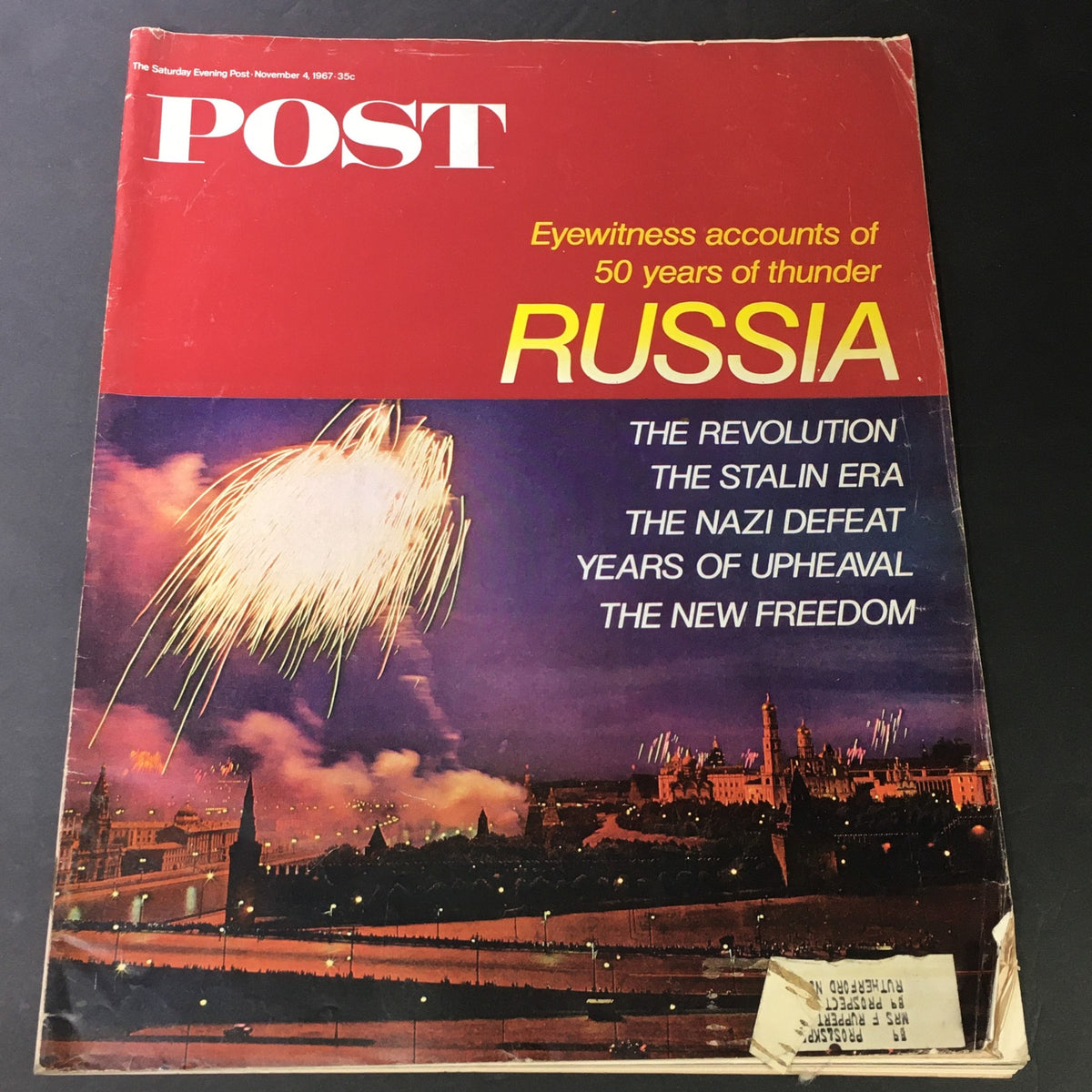 VTG The Saturday Evening Post November 4, 1967 featuring the cover with the title 'RUSSIA' and illustrations depicting 50 years of Russian history, including the Stalin era and notable events.